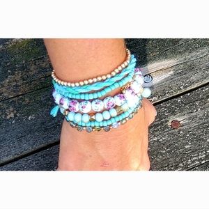 NWT GRACE Turquoise Multi Layer Bead Stacking Strand Stretch Statement B…